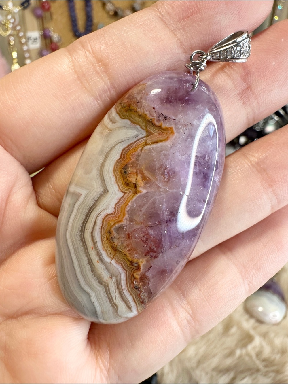 Lace Agate Amethyst Pendant Oval 1×2 inches